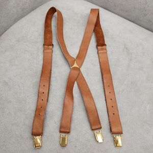 Vintage 70s Trafalgar Suspenders Tan Leather Gold Clip-On X-Back BTE SGDG Depose